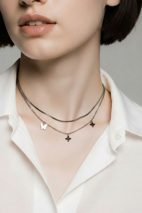 ADENLİNA Çelik ikili kelebek detaylı kolye