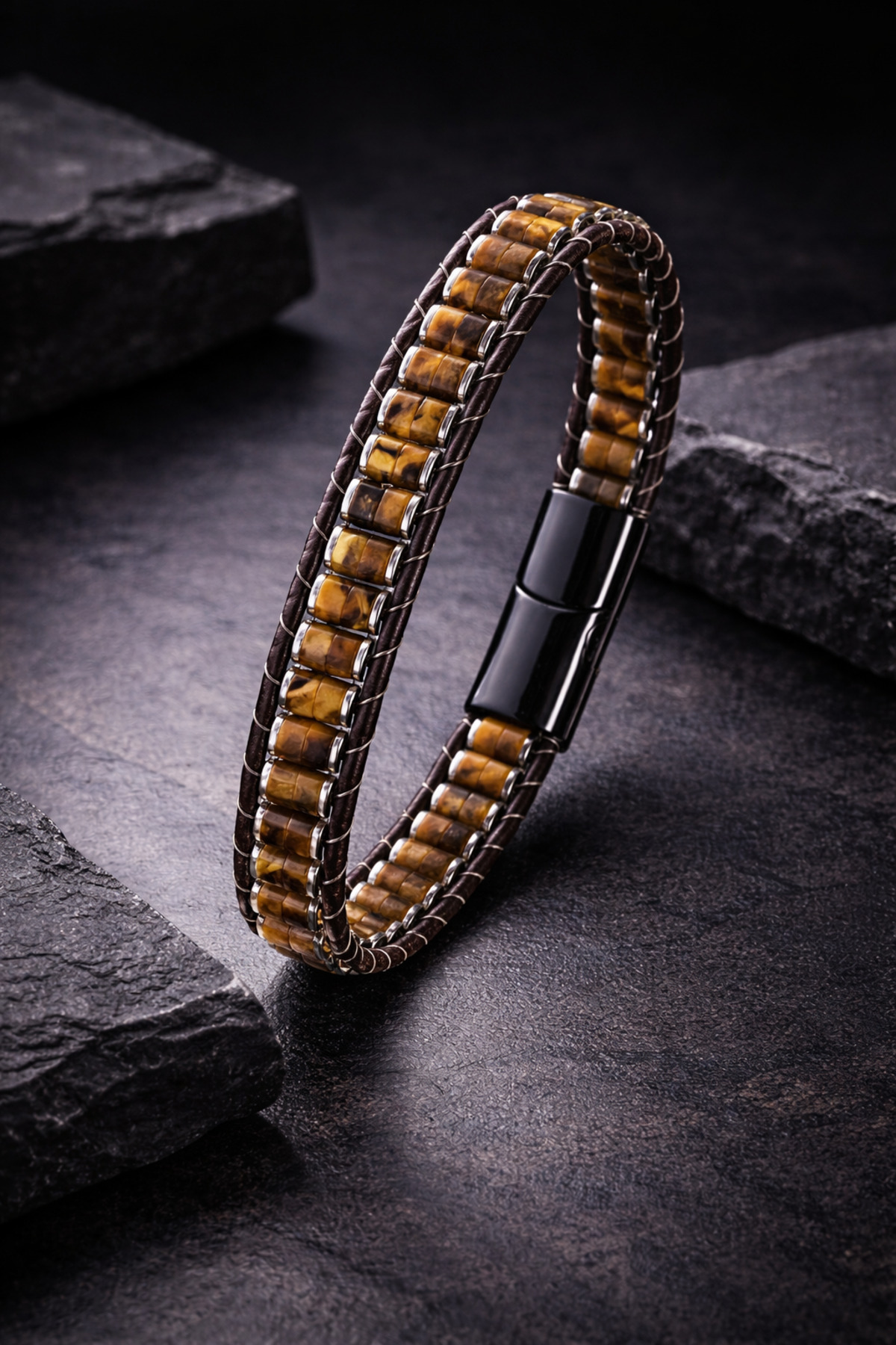 Men's Natural Tiger Eye Rhinestone Leather Cord Men's Dog Tag Bracelet