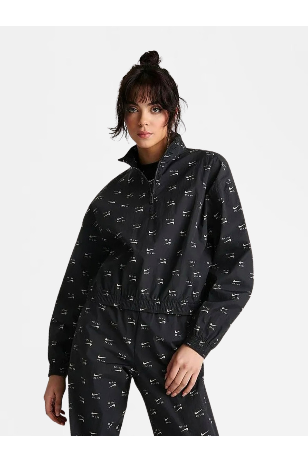 Nike Sportswear Air Allover Printed Mod Crop Woven Quarter-Zip Bol Kalıp Baskılı Siyah Kadın Ceket