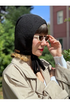 daldandala %100 Yün Siyah El Örgüsü Bağlamalı Bere – Kadın Kışlık Şapka