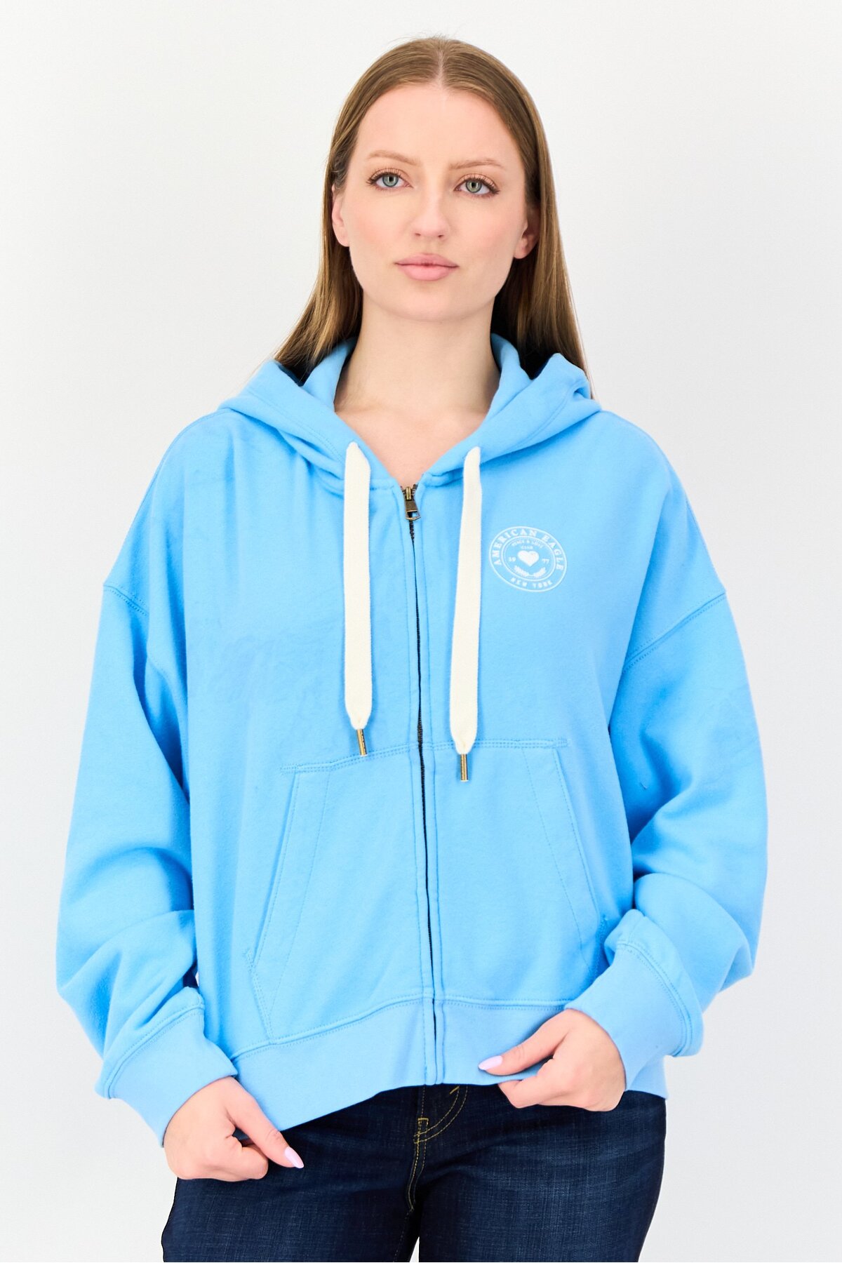 American Eagle Women Brand Logo Long Sleeve Full Zip Hoodies, Blue