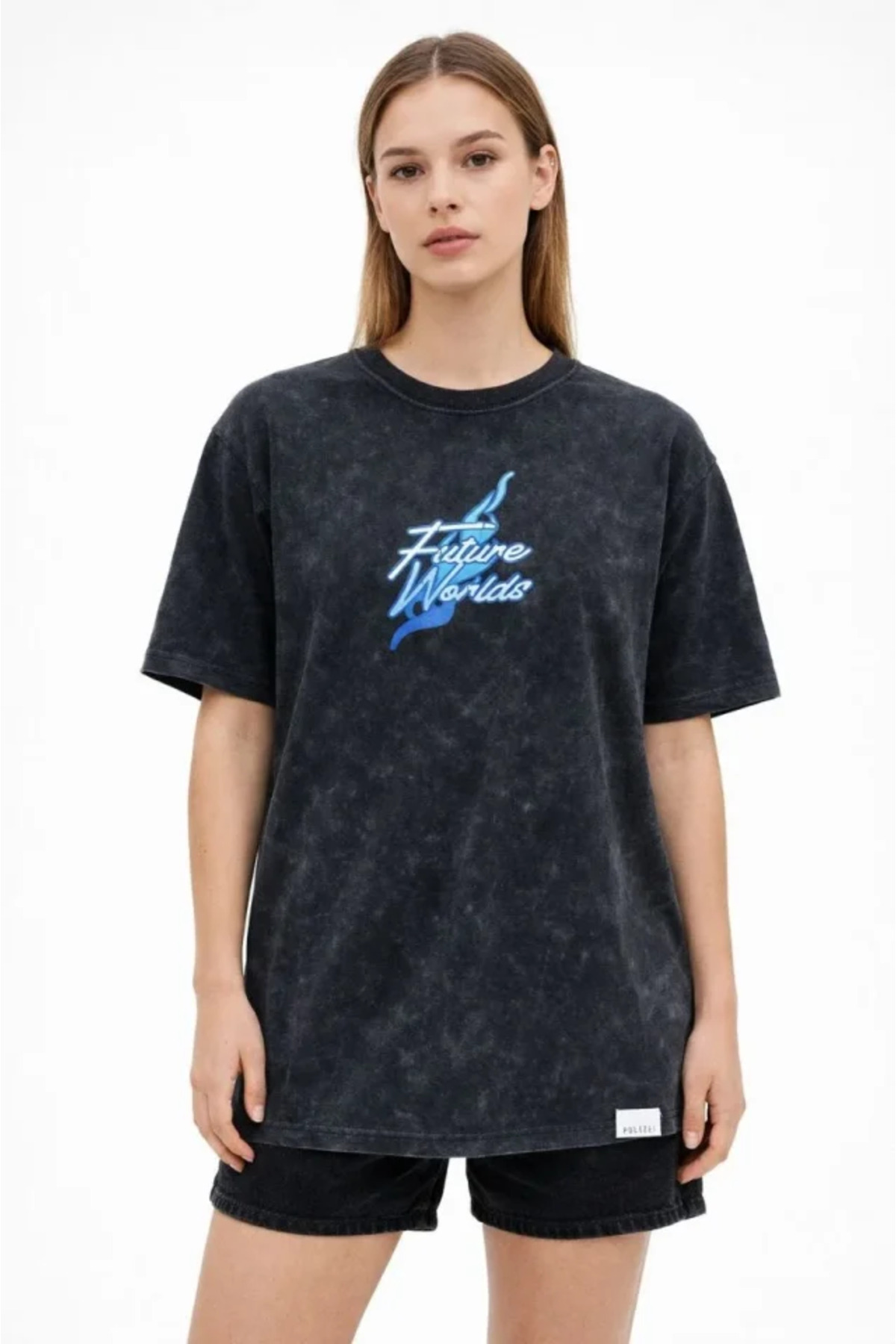 Asit Yıkamalı Oversize Tişört Future Worlds Baskılı Bisiklet Yaka Kısa Kollu Streetwear