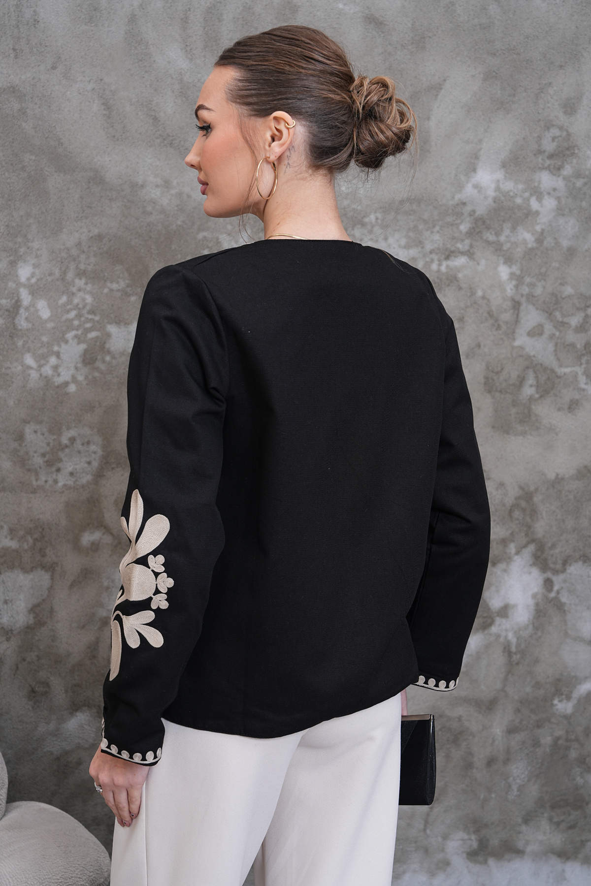 FancyWorld  Siyah Bej Desenli Nakış İşlemeli Vintage Ceket - Görsel 7