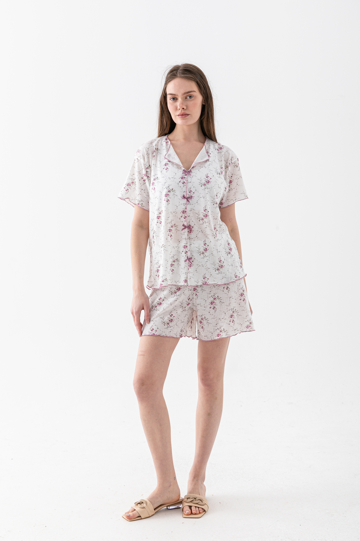 Wega Moda Cotton Floral Print Bow Detail Women's Shorts Pajama Set – Lightweight and Breathable Fabric