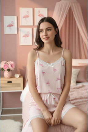 MODA Flamingo Bambu Kumaş Dantel Detaylı Askılı Şortlu Pijama Takımı – Pudra
