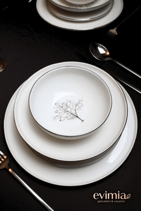 EVİMİA Platin Hayat Ağacı Gümüş Detaylı Beyaz 24 Parça 6 Kişilik Porselen Yem...
