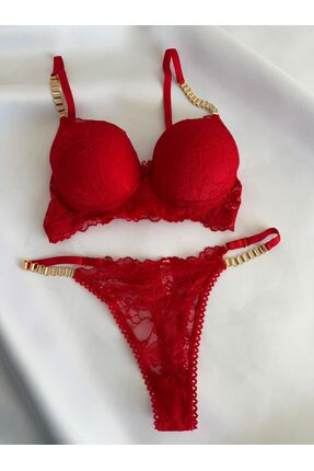 Pink Cadillac Destekli Zincir Detaylı Dantelli Sütyen Tanga İç Çamaşır Takımı