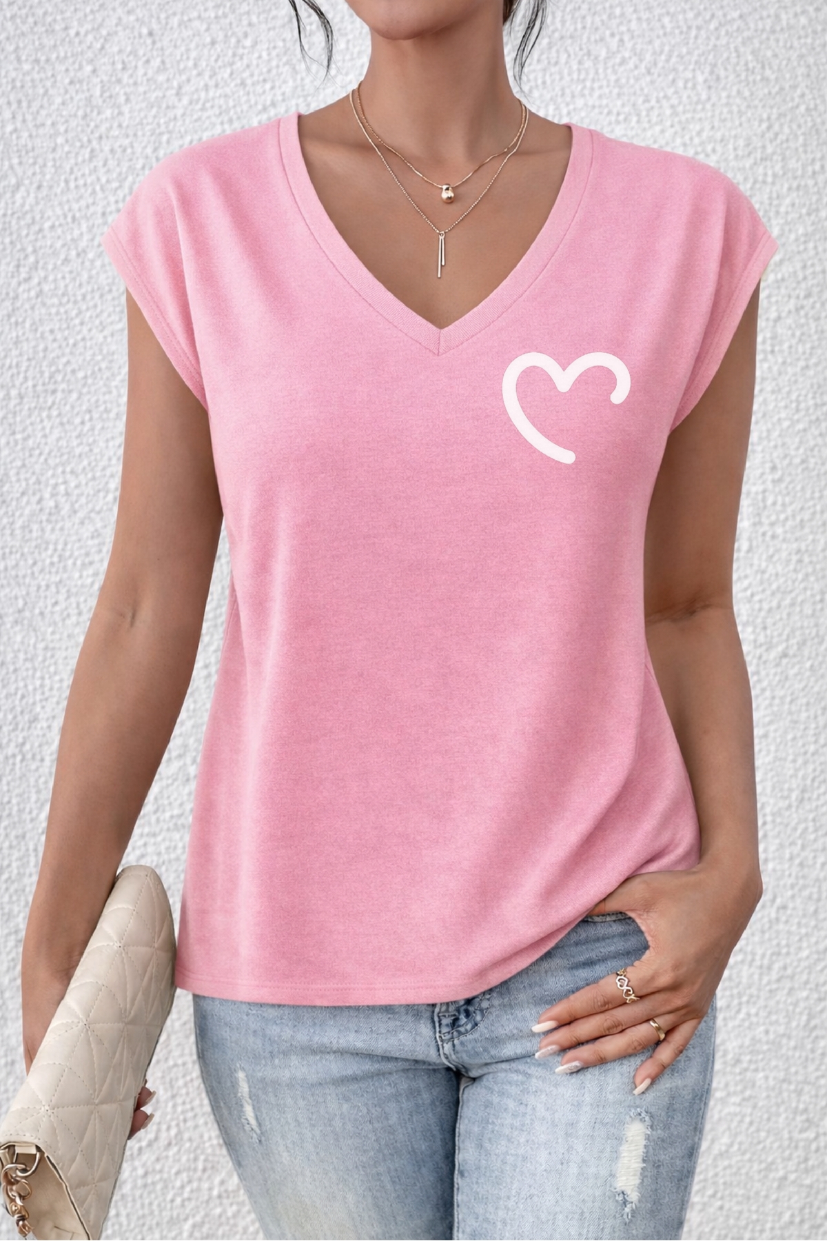 Women's Half Heart Printed V-Neck Loose Oversize T-Shirt