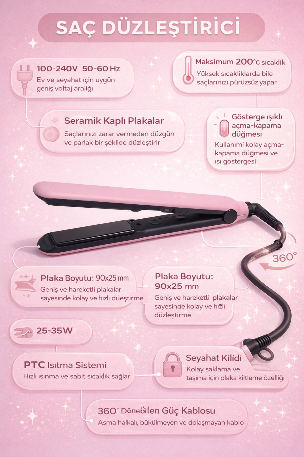 Evo Powder Pink Lady Saç Düzleştirici - PTC System - 360 Kablo