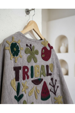 Yoncha Kadın Ceket Nakış Detaylı Dokuma %100 Pamuklu