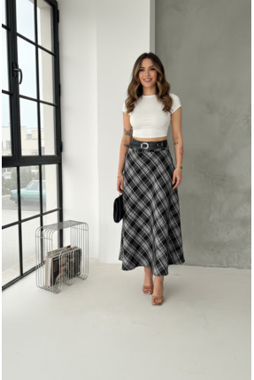MAİMODA GENİŞ KEMERLİ EKOSE KLOŞ UZUN ETEK / WIDE BELT PLAID FLARED LONG SKIRT