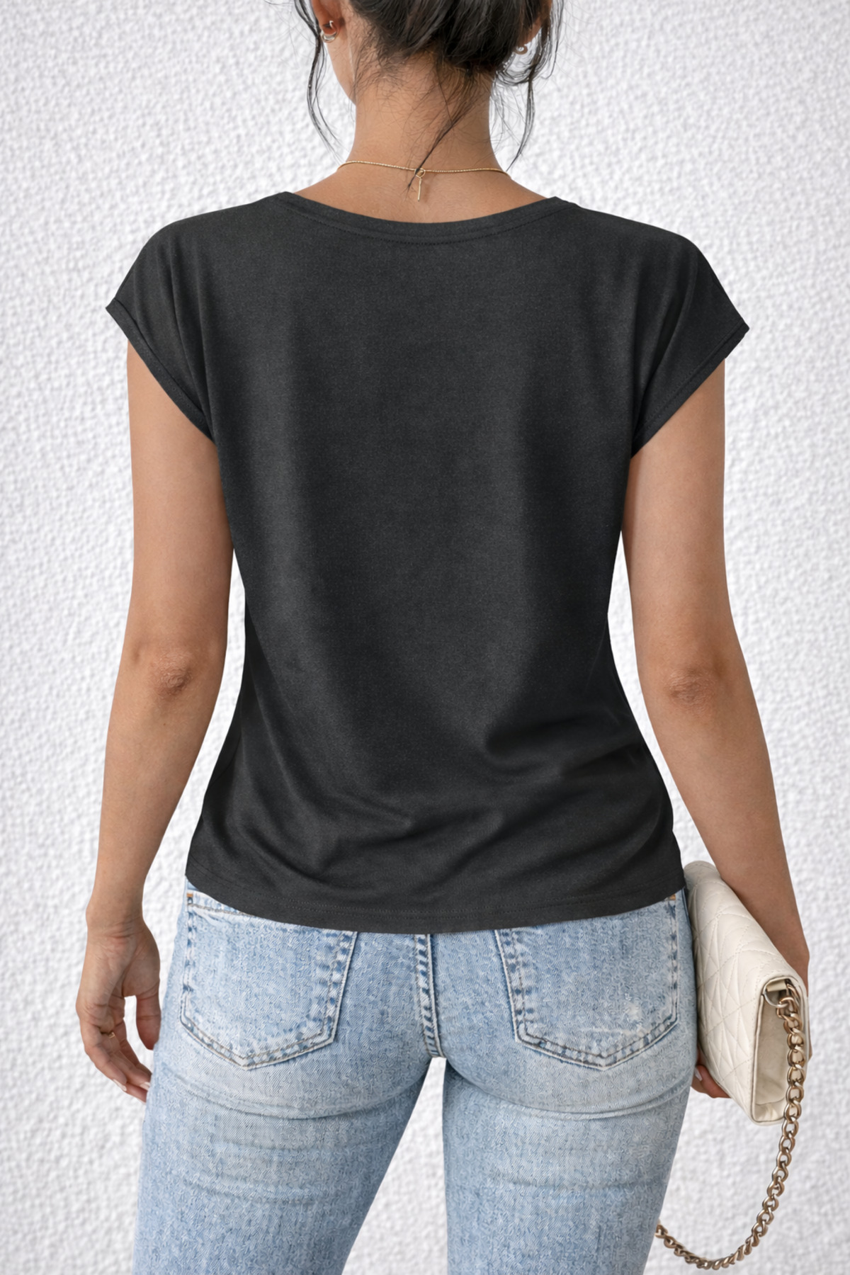 Deocept  Kadın V-Yaka Basic Baskısız Rahat Kalıp T-Shirt - Görsel 2