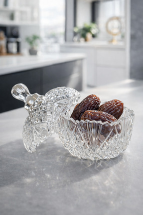 Funny Life Kristal Cam Kapaklı Dekoratif Sunumluk Hurmalık Lokumluk Cam Şekerlik
