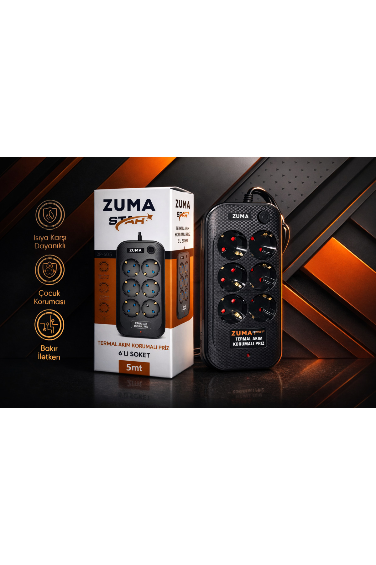 Zuma STAR Termal Akım Korumalı 6'lı Priz 5 Metre | 4000W | Çocuk