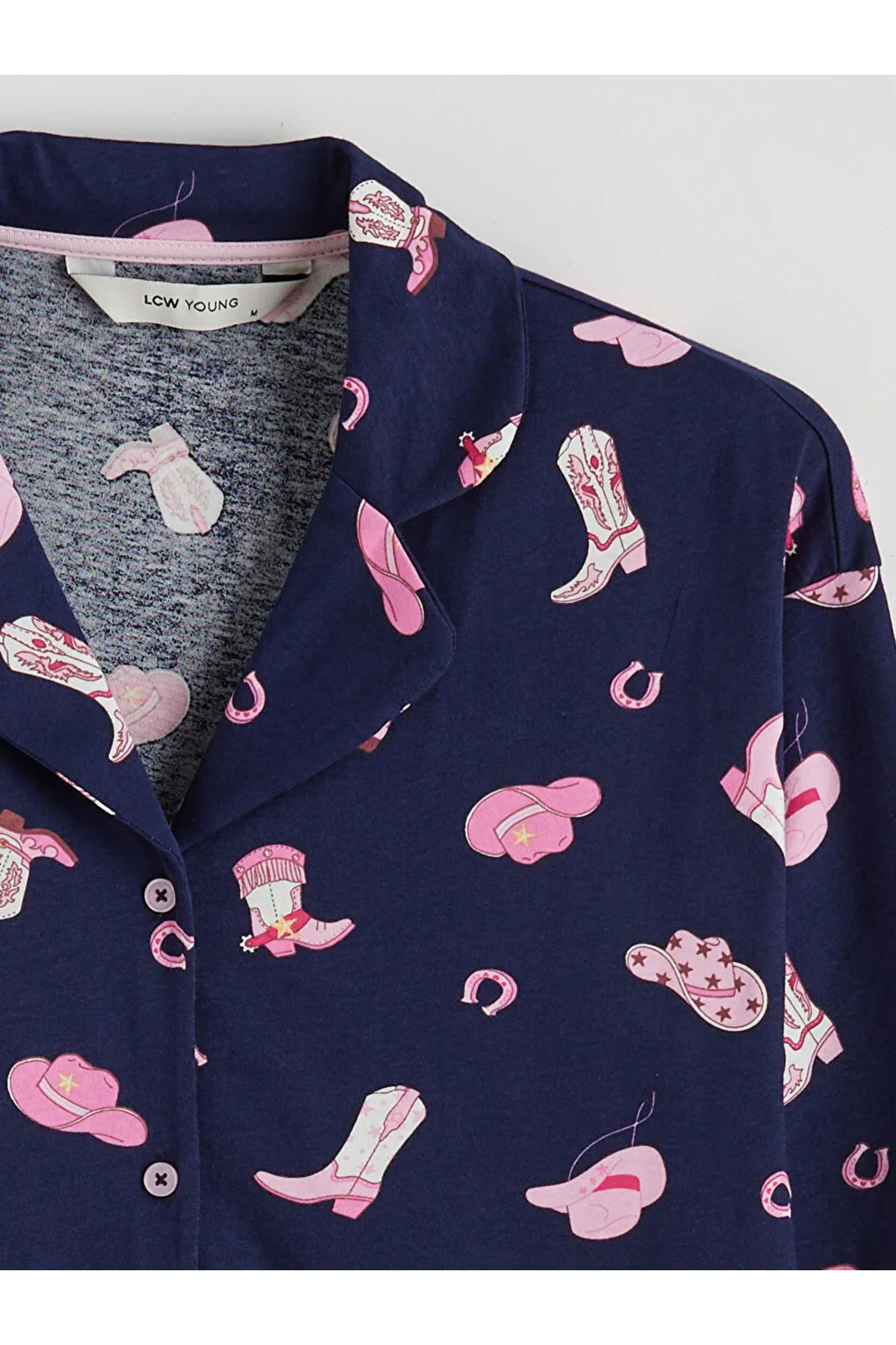 LC Waikiki Navy Blue Shirt Collar Printed Women's Pajama Set