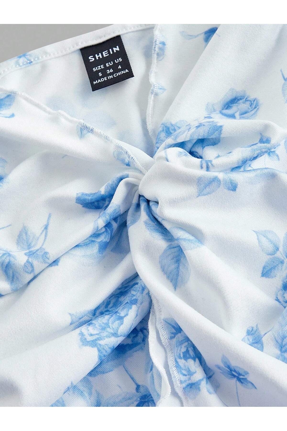 Wild Flower  Beyaz Çiçek Desen Ön Büküm İnce Askılı Alaçatı Crop - Görsel 3