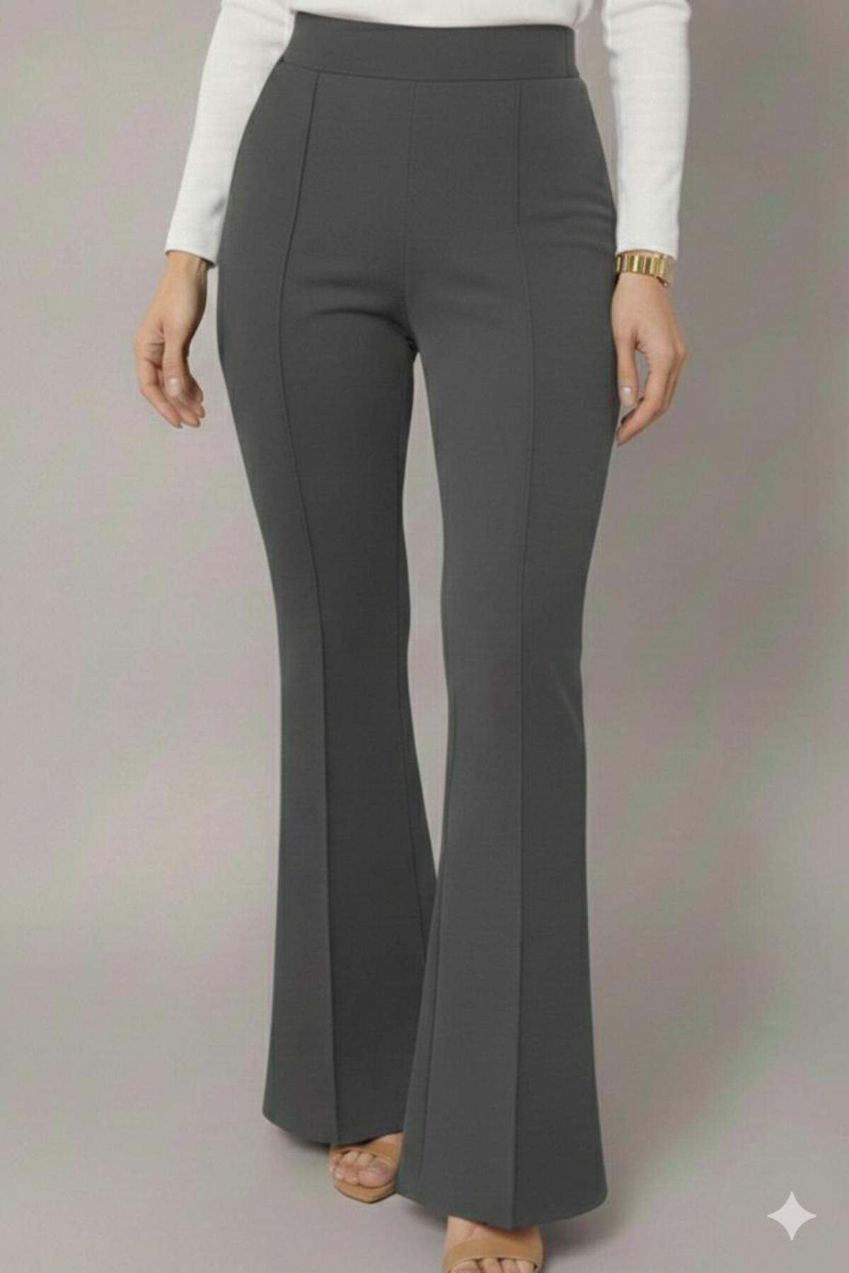 ECEYLÜL MODA  Kadın Füme Yüksek Bel Çimalı İspanyol Paça Flare Pantolon - Toparlayıcı Esnek Kumaş