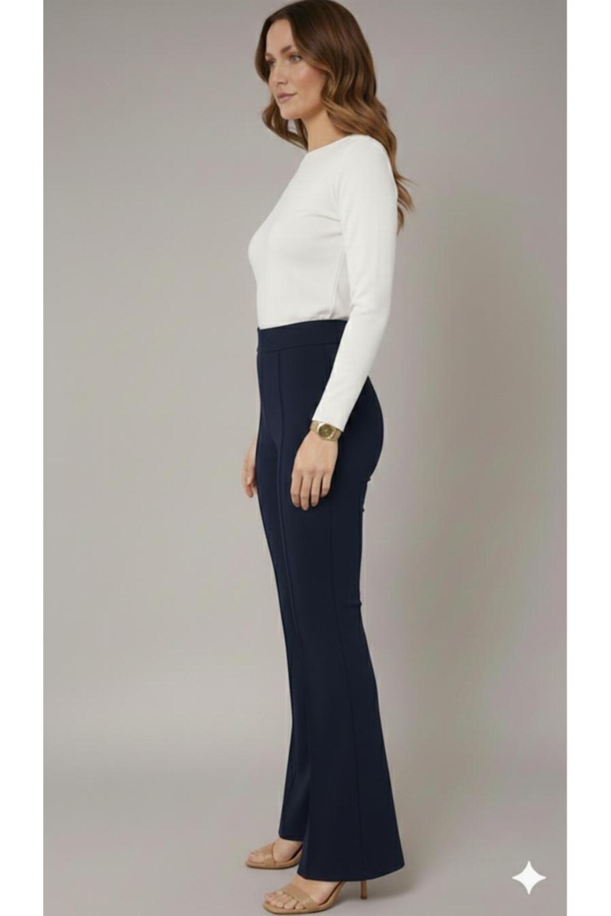 ECEYLÜL MODA  Kadın Lacivert Yüksek Bel Çimalı İspanyol Paça Flare Pantolon - Toparlayıcı Esnek Kumaş - Görsel 3