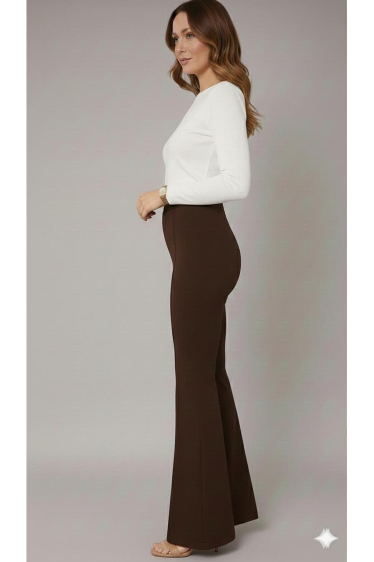 ECEYLÜL MODA  Kadın Siyah Yüksek Bel Çimalı İspanyol Paça Flare Pantolon - Toparlayıcı Esnek Kumaş - Görsel 3