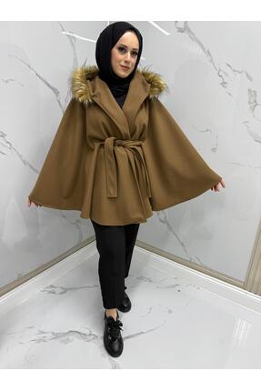 MODARTE Kadın Kürklü Panço Standart Beden Kahverengi – Kışlık Şık