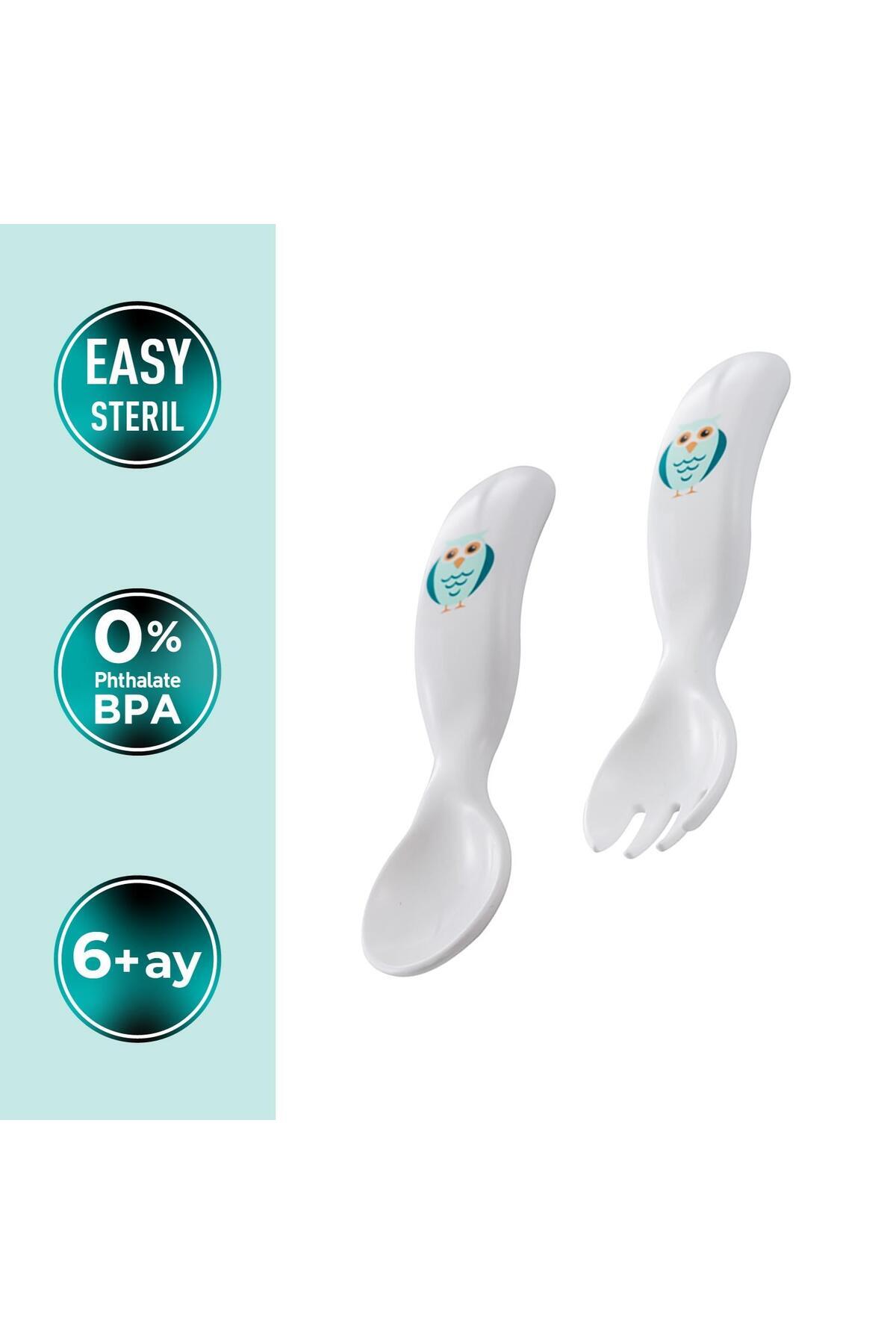 Mamajoo Ergonomik Beslenme Kaşık Çatal Seti Beyaz & Baykuş, 6 Ay+ İkili fotoğrafı 2 (önizleme)