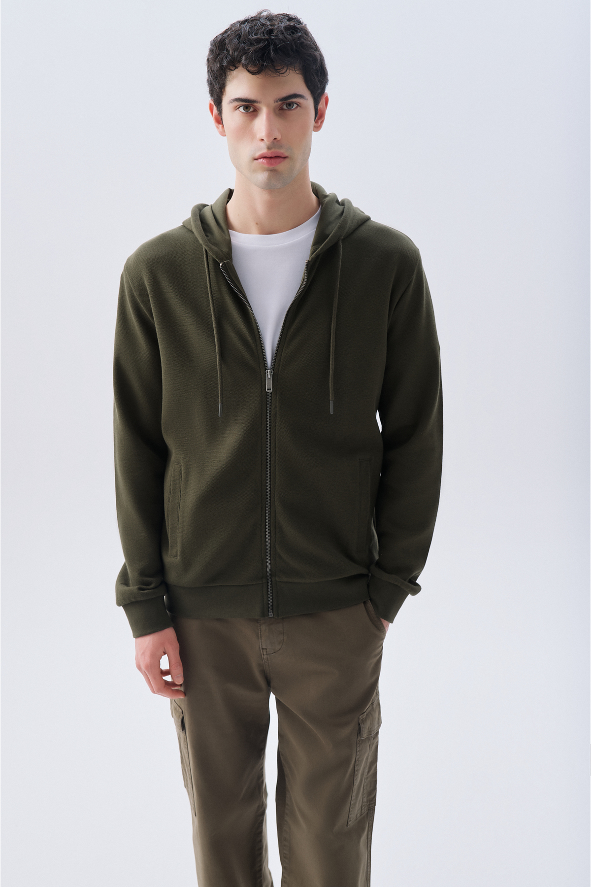 Mudo Erkek Haki Comfort Fit Fermuarlı Kapüşonlu Sweatshirt