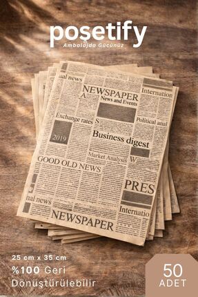 POŞETİFY Yağlı Sunum Kağıdı 25x35 Cm | Vintage Gazete Desenli | 50 Adet | Ser...