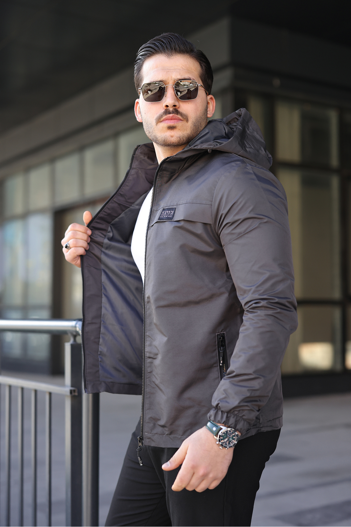 YENİ SEZON ERKEK SU & RÜZGAR GEÇİRMEZ YAĞMURLUK MEVSİMLİK CEKET — خاکستری ARMA1-4244 — تصویر 2 از 3