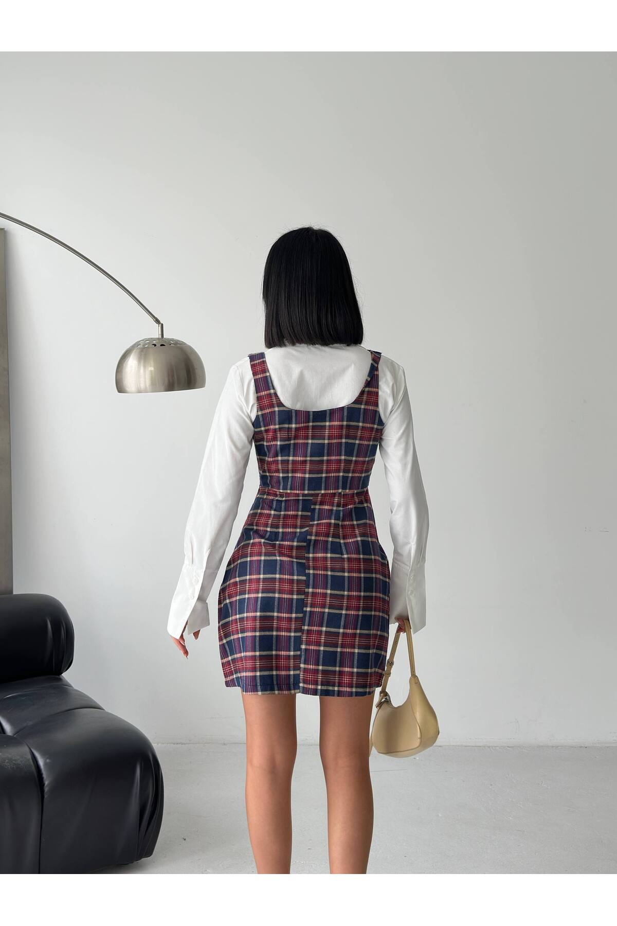 Women's Plaid Jumper Burgundy Strap Detail Mini Dress - Görsel 3