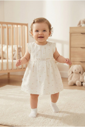 Caramell Kız Bebek Elbisesi Çiçek Desenli Astarlı Pamuklu Keten Karışımlı Yaz...