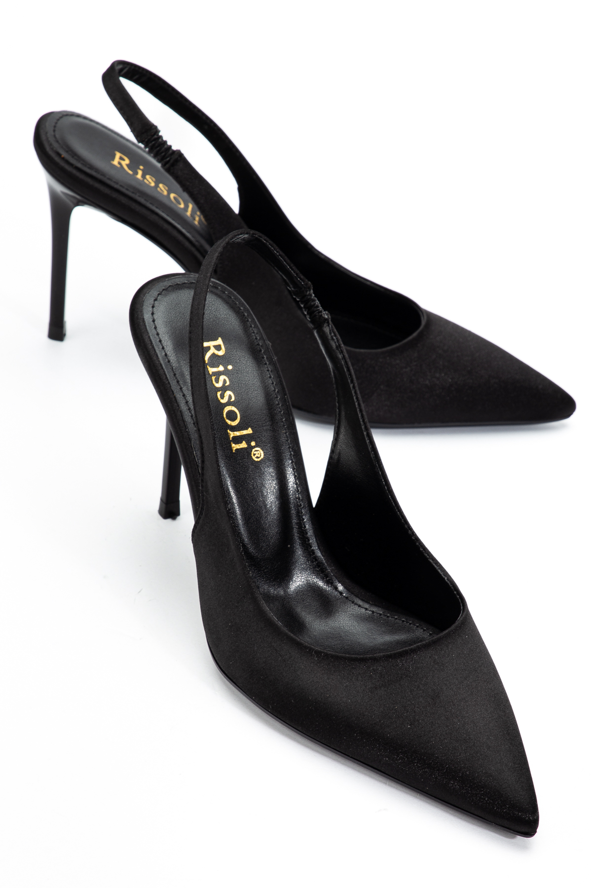 RİSSOLİ  Kadın Siyah Saten Sivri Burun Arkası Açık Bilekten Lastikli Günlük Klasik Topuklu Ayakkabı - Görsel 4