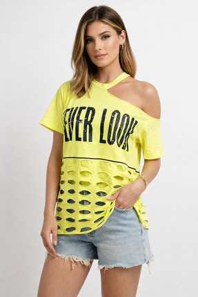 Rabona Fashion Neon Rebel Omuz Dekolteli Lazer Kesim Baskılı Tişört
