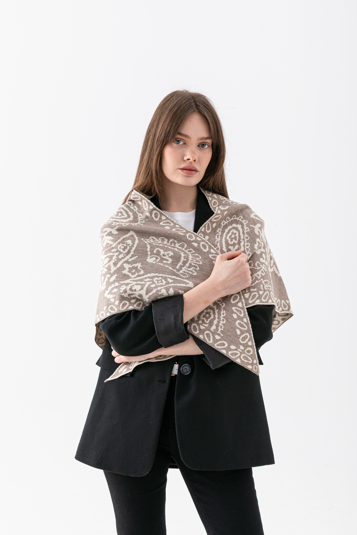 Wega Moda  Kadın Üçgen Desenli Çift Yönlü Triko Şal - Görsel 5