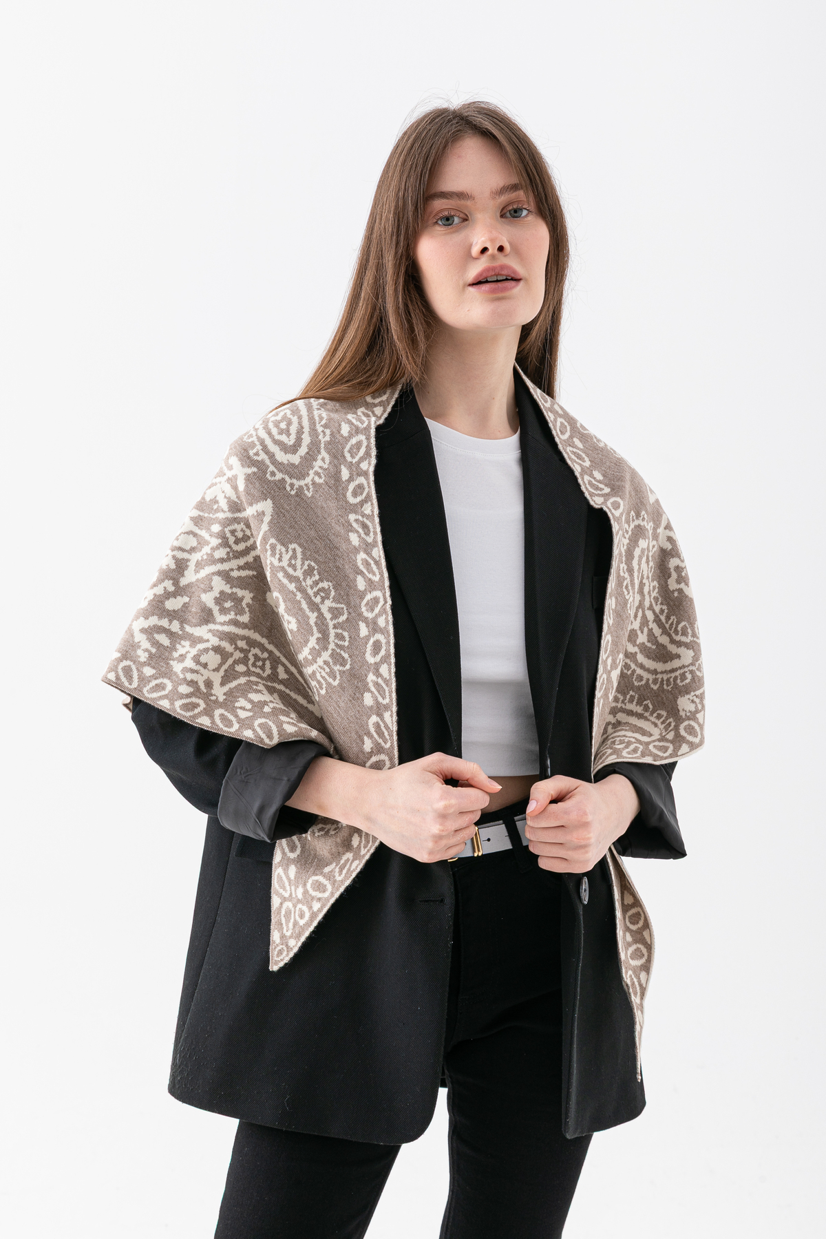 Wega Moda  Kadın Üçgen Desenli Çift Yönlü Triko Şal - Görsel 3