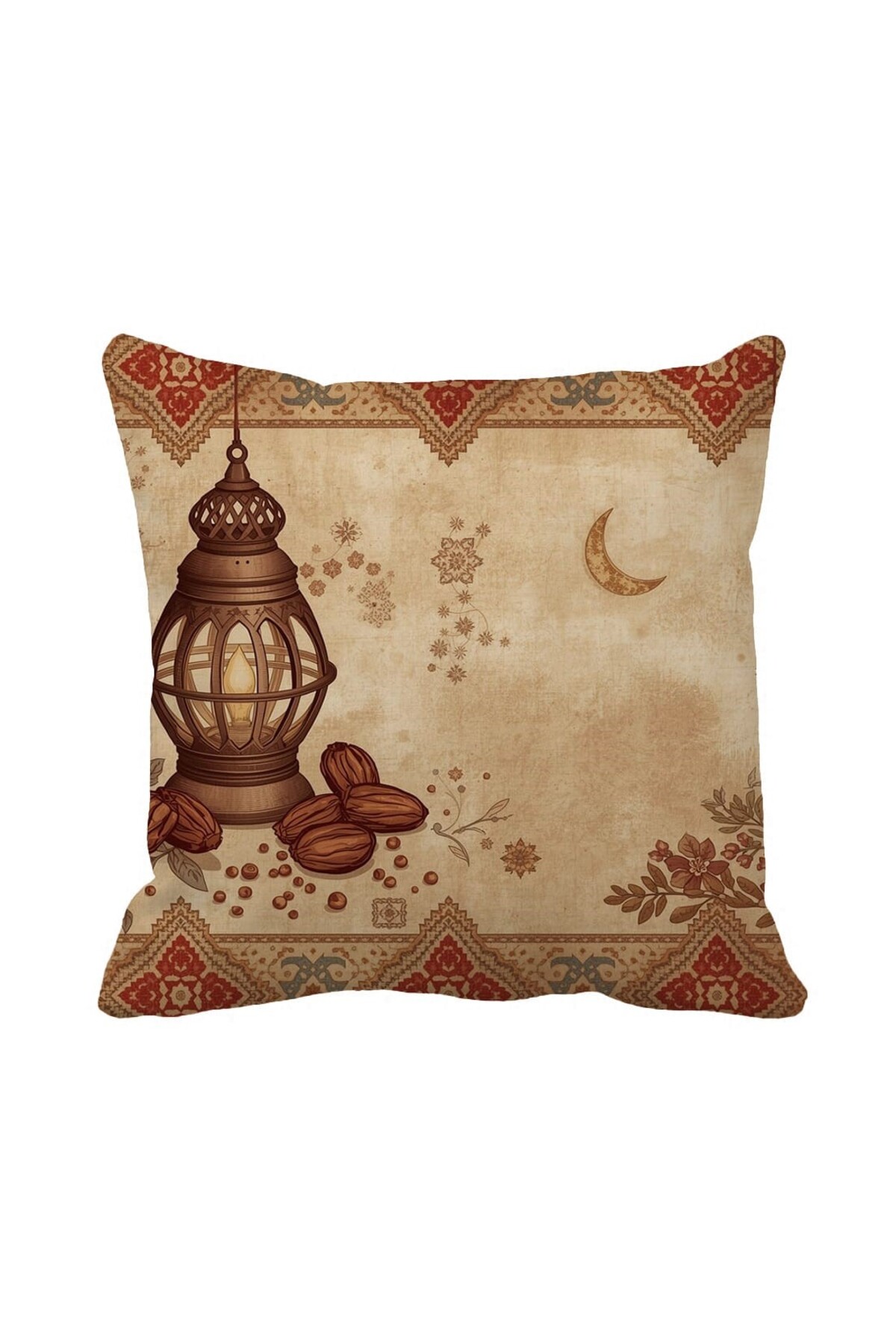 Authentic Ramadan Decor Aged Beige Floor Lantern , Crescent and Palm Pattern 43x43 cm Pillowcase