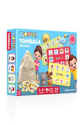 YİPPEE Çocuk Tombala – İngilizce Temalı | Ham Bez Kese | 8 Tabla | 40 Pul (60...
