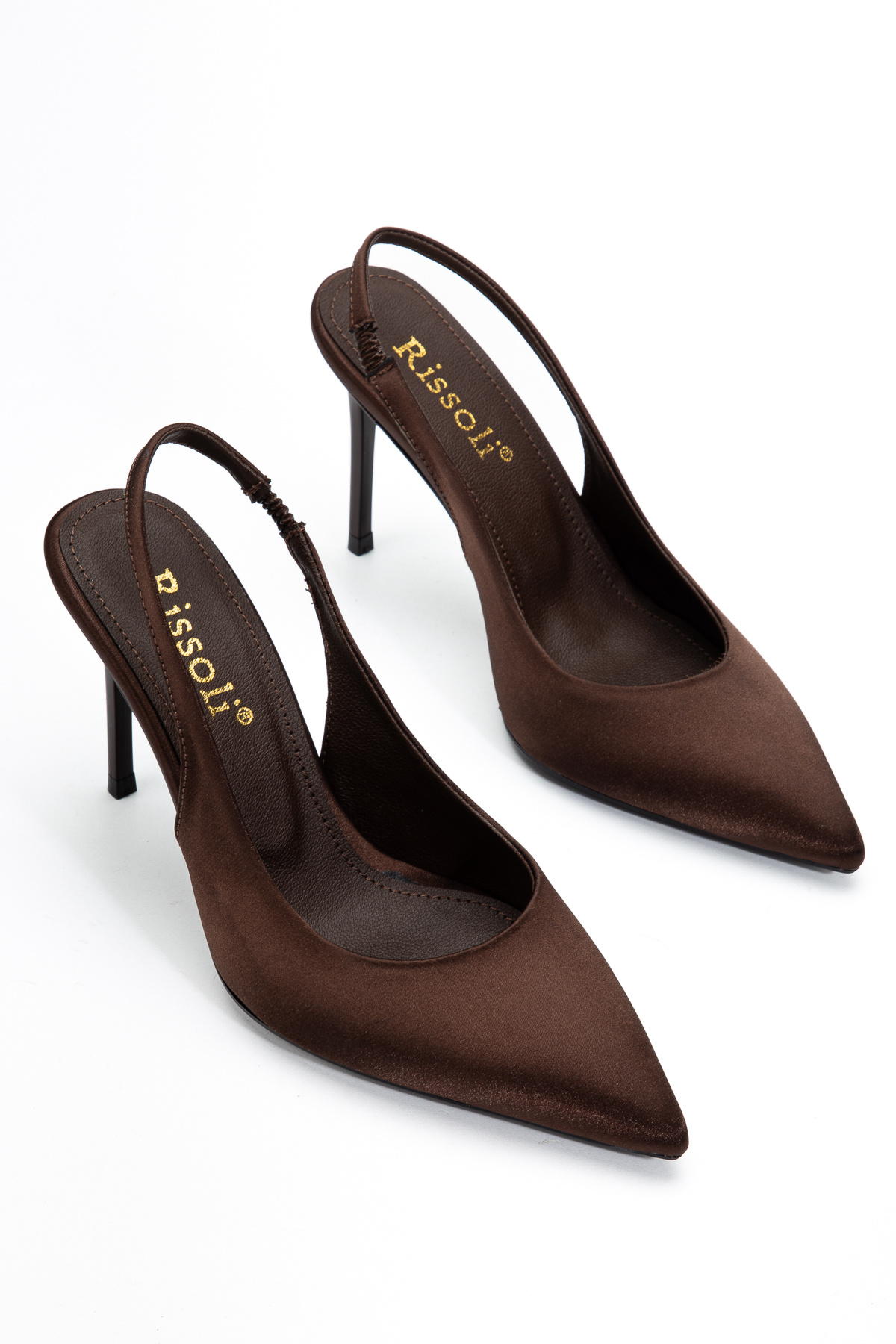 RİSSOLİ  Kadın Kahve Saten Sivri Burun Arkası Açık Bilekten Lastikli Günlük Klasik Topuklu Ayakkabı