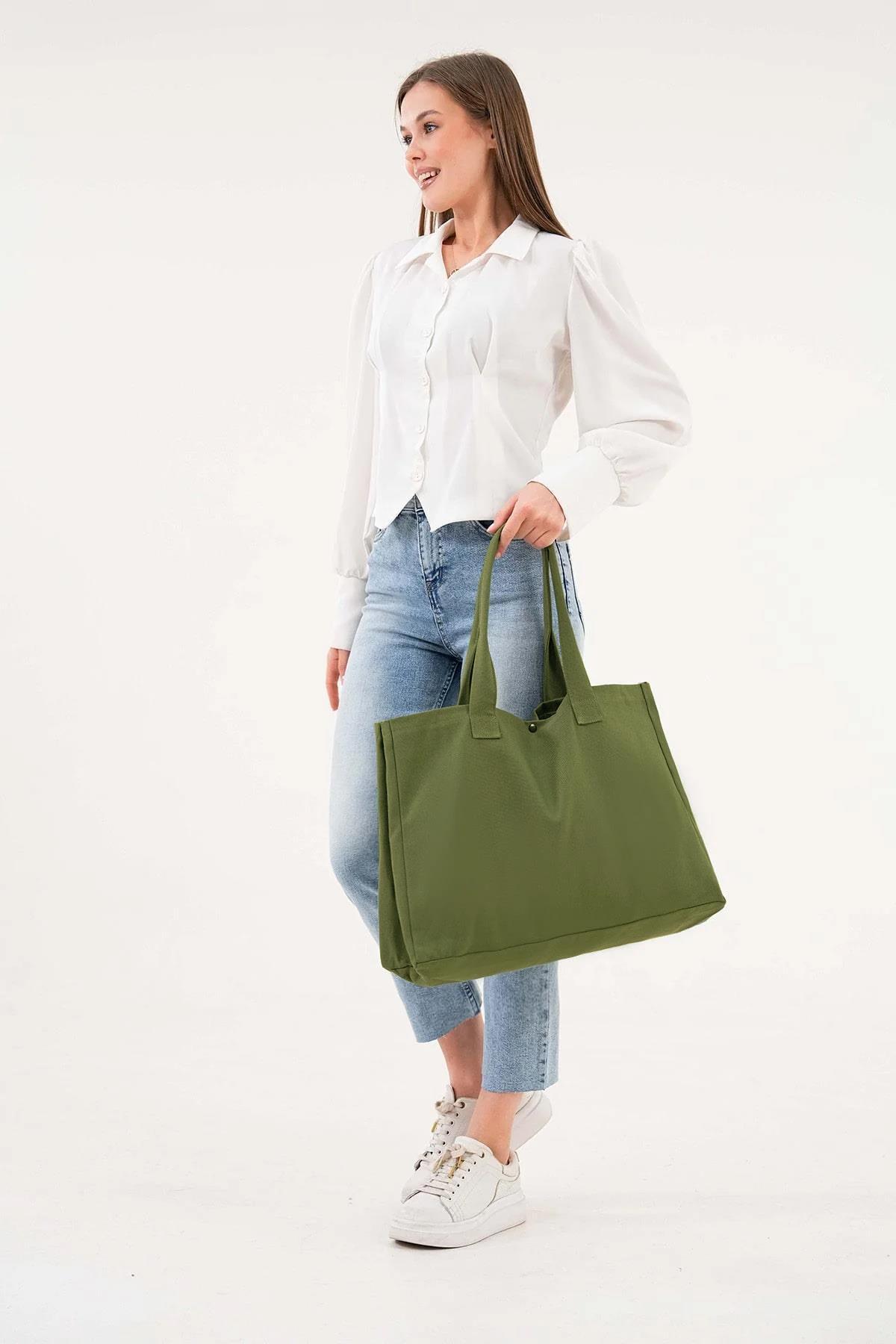 Bagg  3 Çıtlı Yağ Yeşili Büyük Boy Kanvas Çanta - Görsel 7