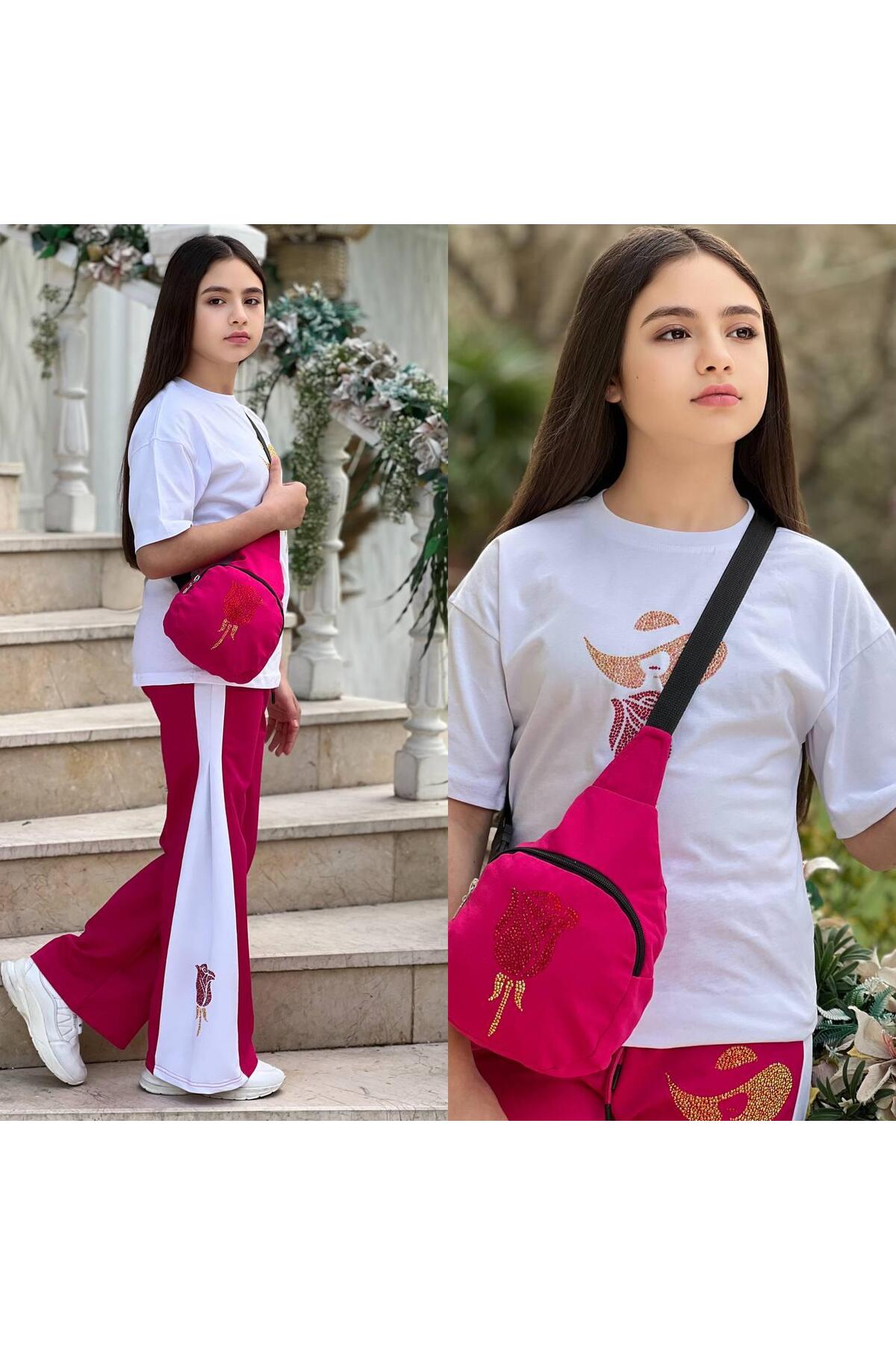 COMBED COTTON GIRLS' SETS WITH ROSE DETAILED STONE EMBROIDERED BAGS