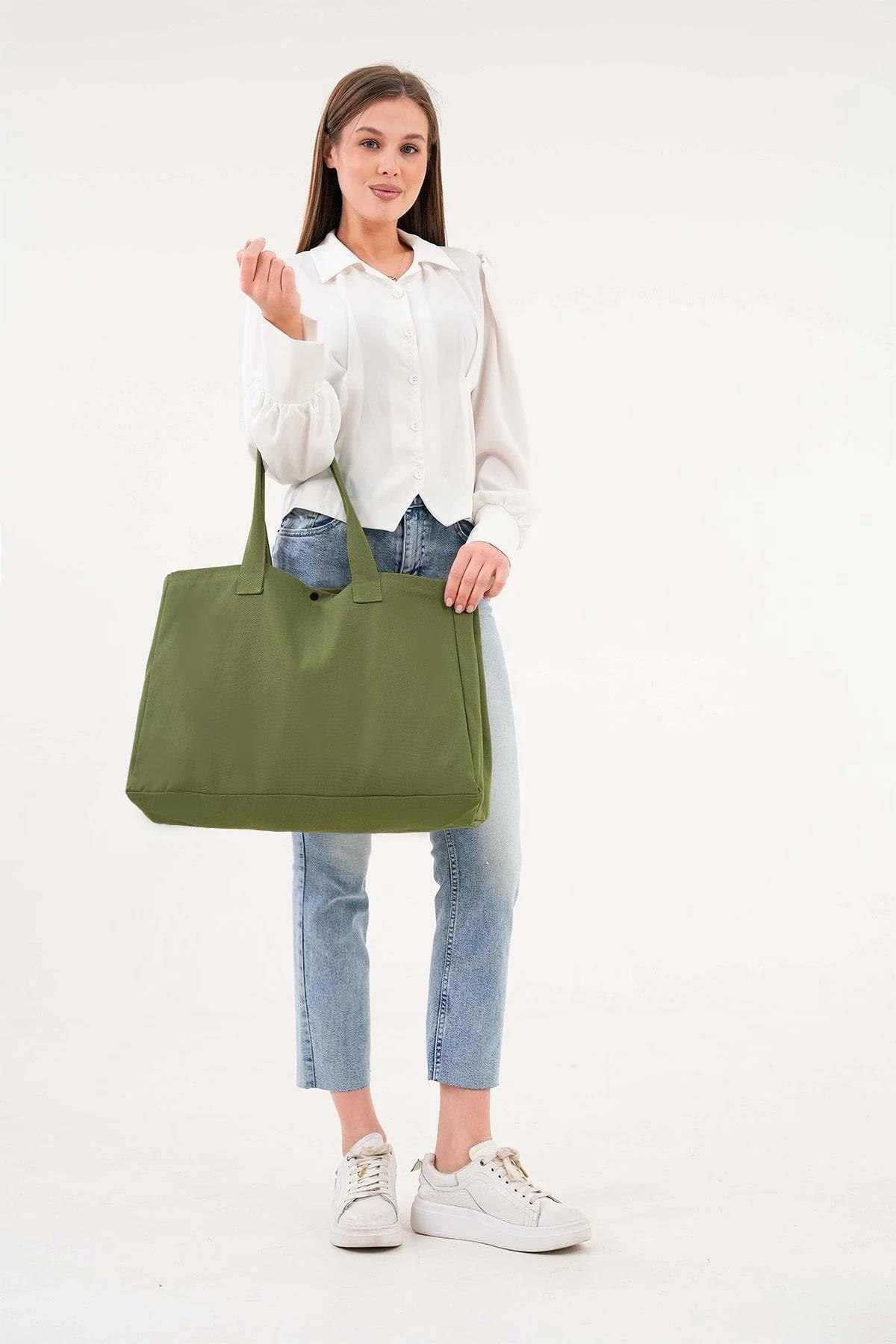 Bagg  3 Çıtlı Yağ Yeşili Büyük Boy Kanvas Çanta - Görsel 6