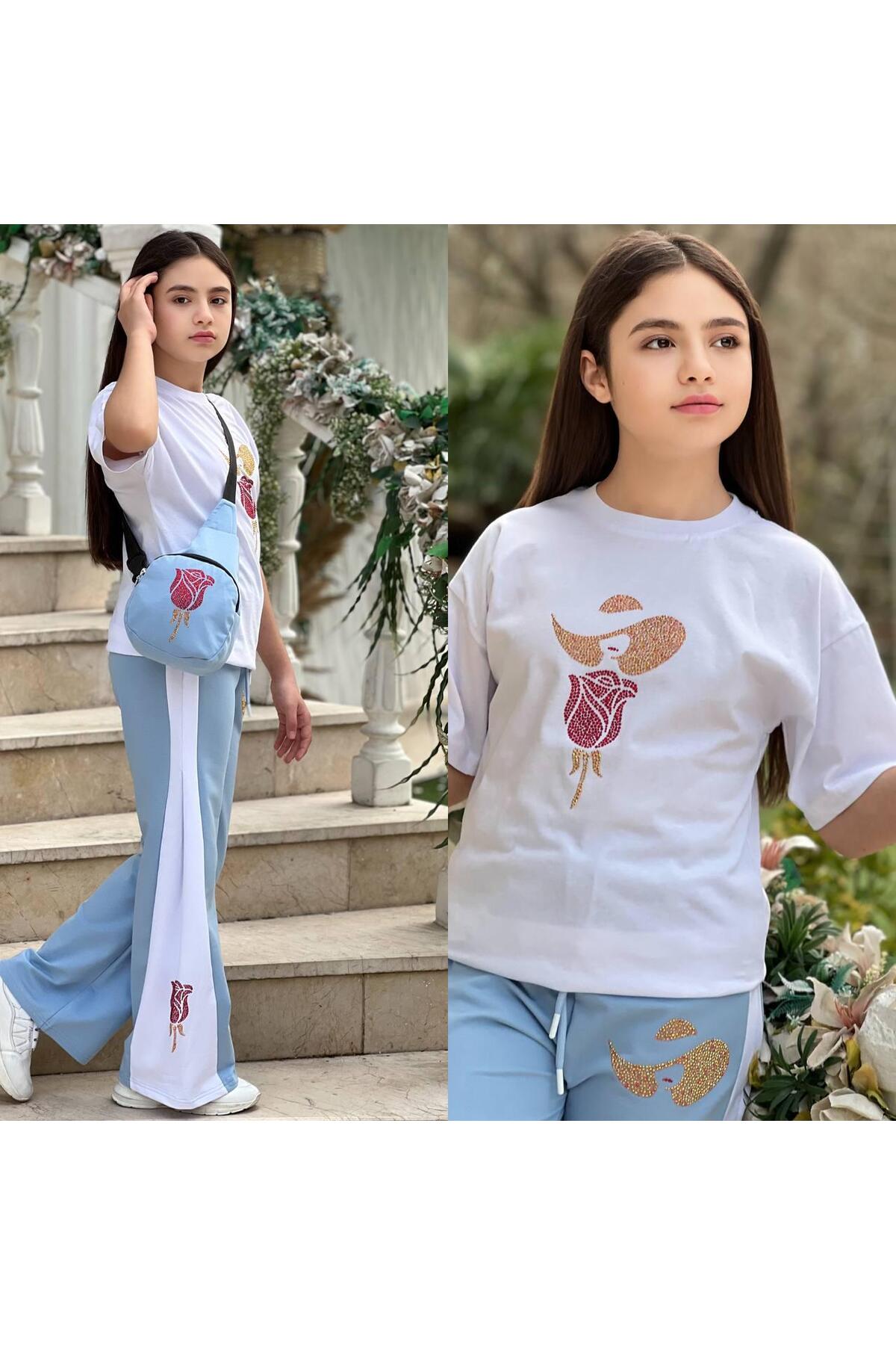 COMBED COTTON GIRLS' SETS WITH ROSE DETAILED STONE EMBROIDERED BAGS