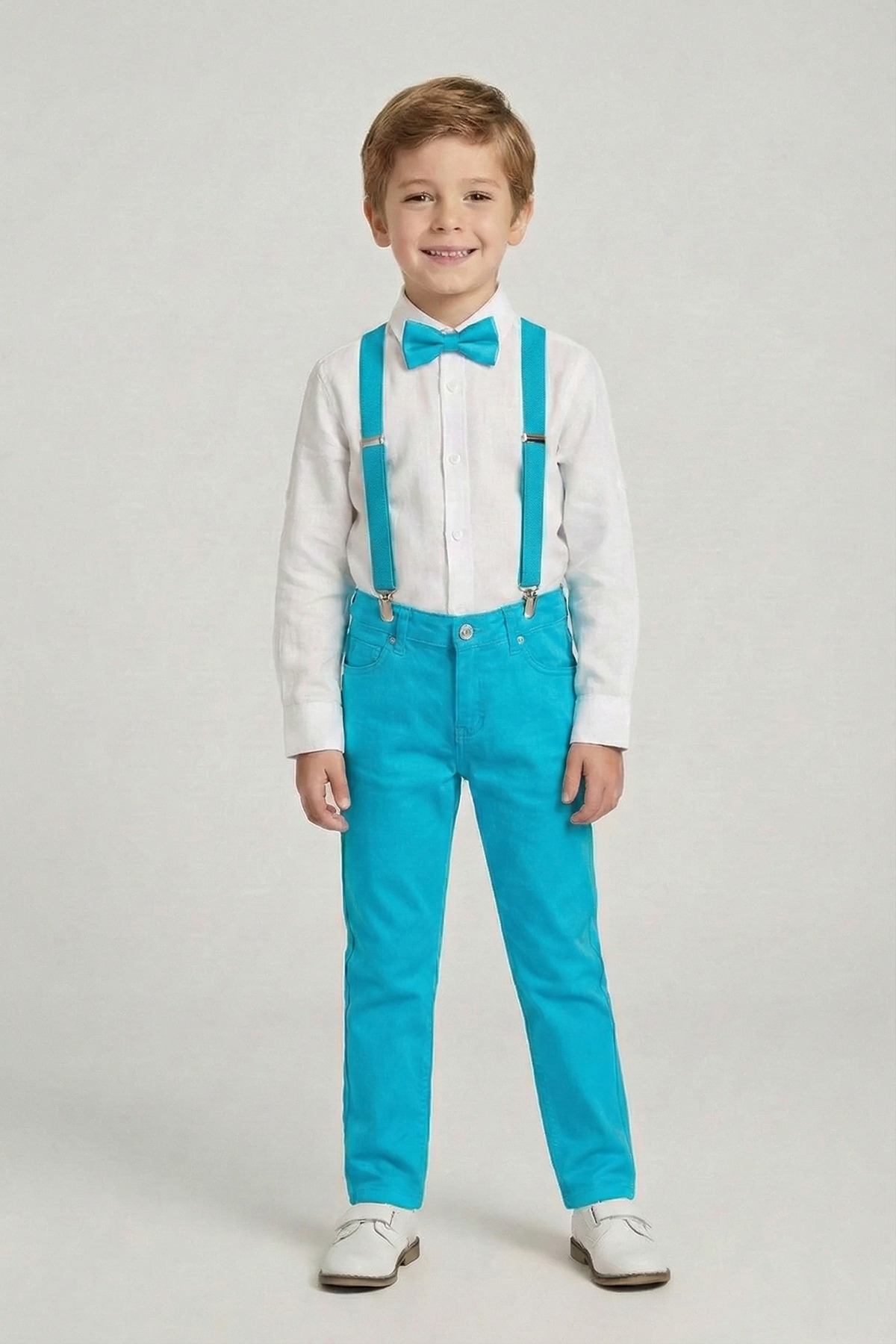 Boys White Long Sleeve Shirt Turquoise Pants Turquoise Strap Bow Tie Set 23 April 29 October