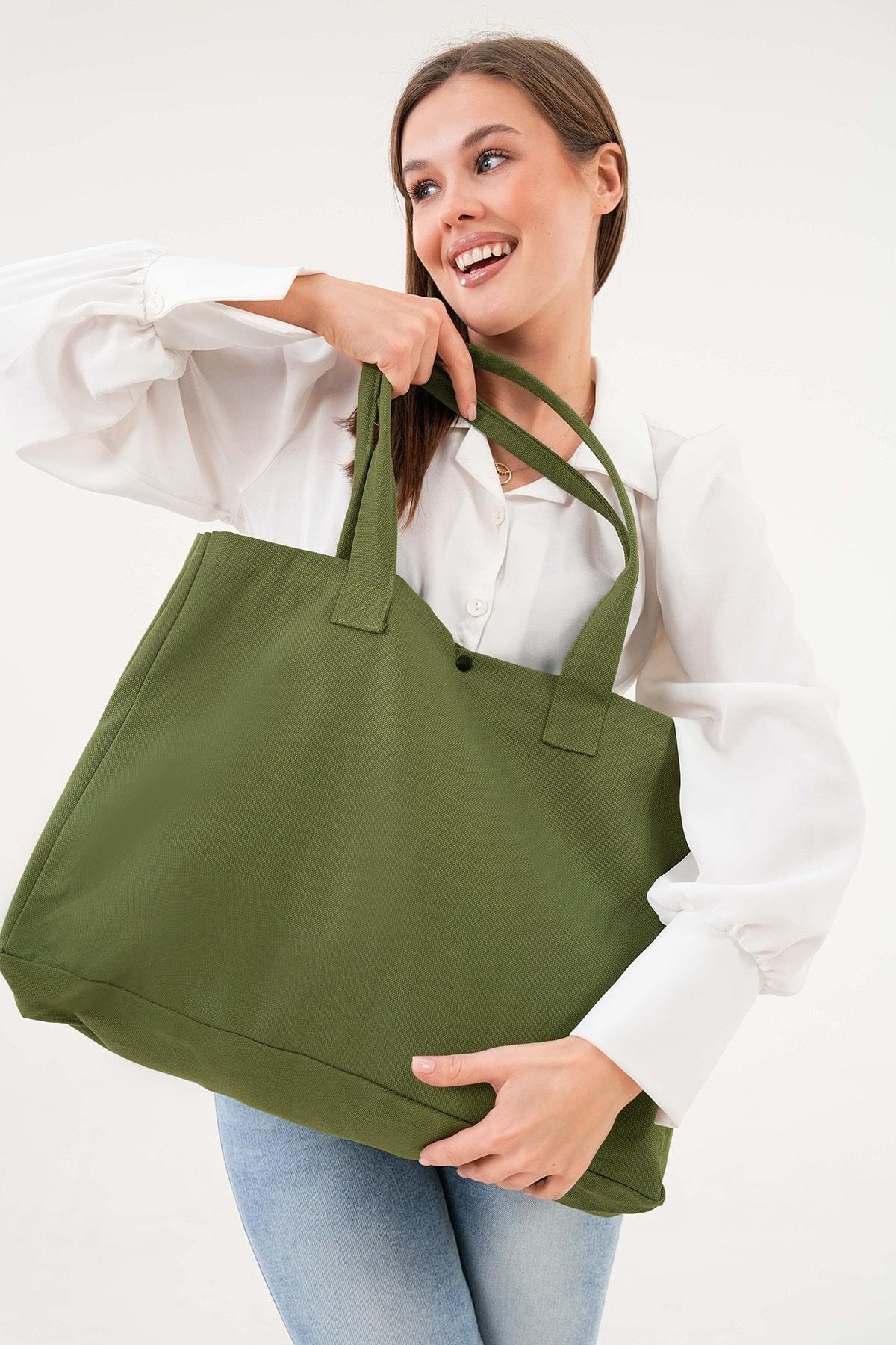 Bagg  3 Çıtlı Yağ Yeşili Büyük Boy Kanvas Çanta - Görsel 8