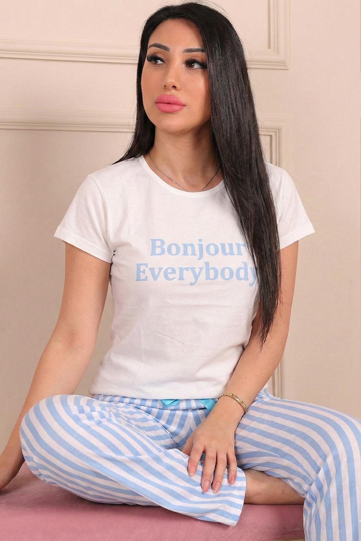 Niket Life Women's Bonjour Everybody Slogan and Six Vertical Line Pattern Com...