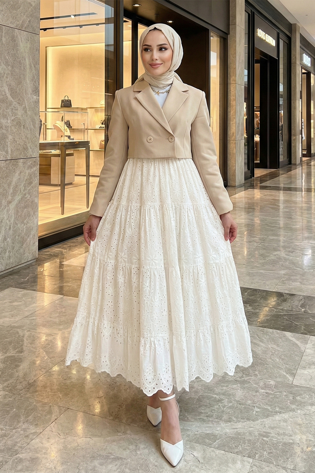 FERHEL  Kadın Fisto İşleme Detaylı Astarlı Tesetrtür Etek - Beyaz