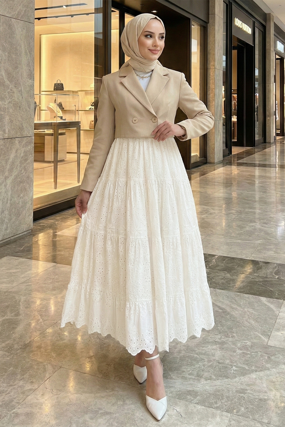 FERHEL  Kadın Fisto İşleme Detaylı Astarlı Tesetrtür Etek - Beyaz - Görsel 2