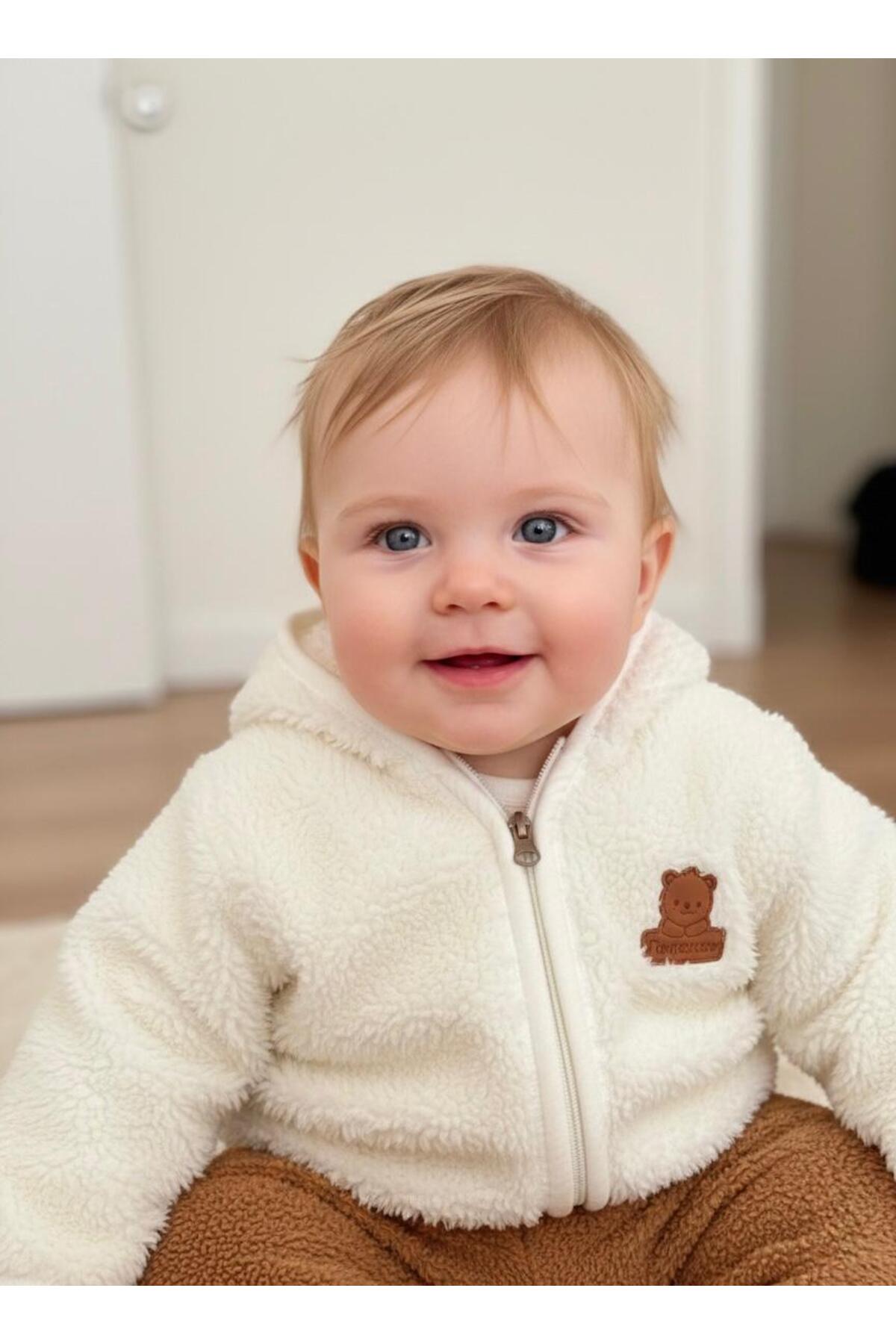 Lumos Trade Bebek Welsoft Peluş Kapüşonlu Hırka Krem Bej – Fermuarlı Yumuşak Kışlık Bebek Ceket 6-24 Ay fotoğrafı 3 (önizleme)