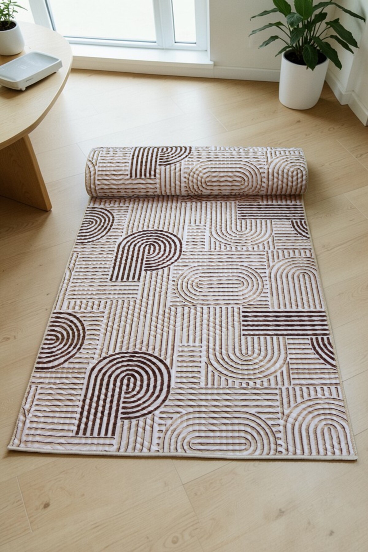 Asel Non-Slip Based Cut Embossed Living Room Corridor Kitchen Washable Brown