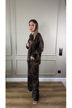 Duya Butik LEOPAR DESENLİ SATEN GÖMLEK PANTOLON TAKIM