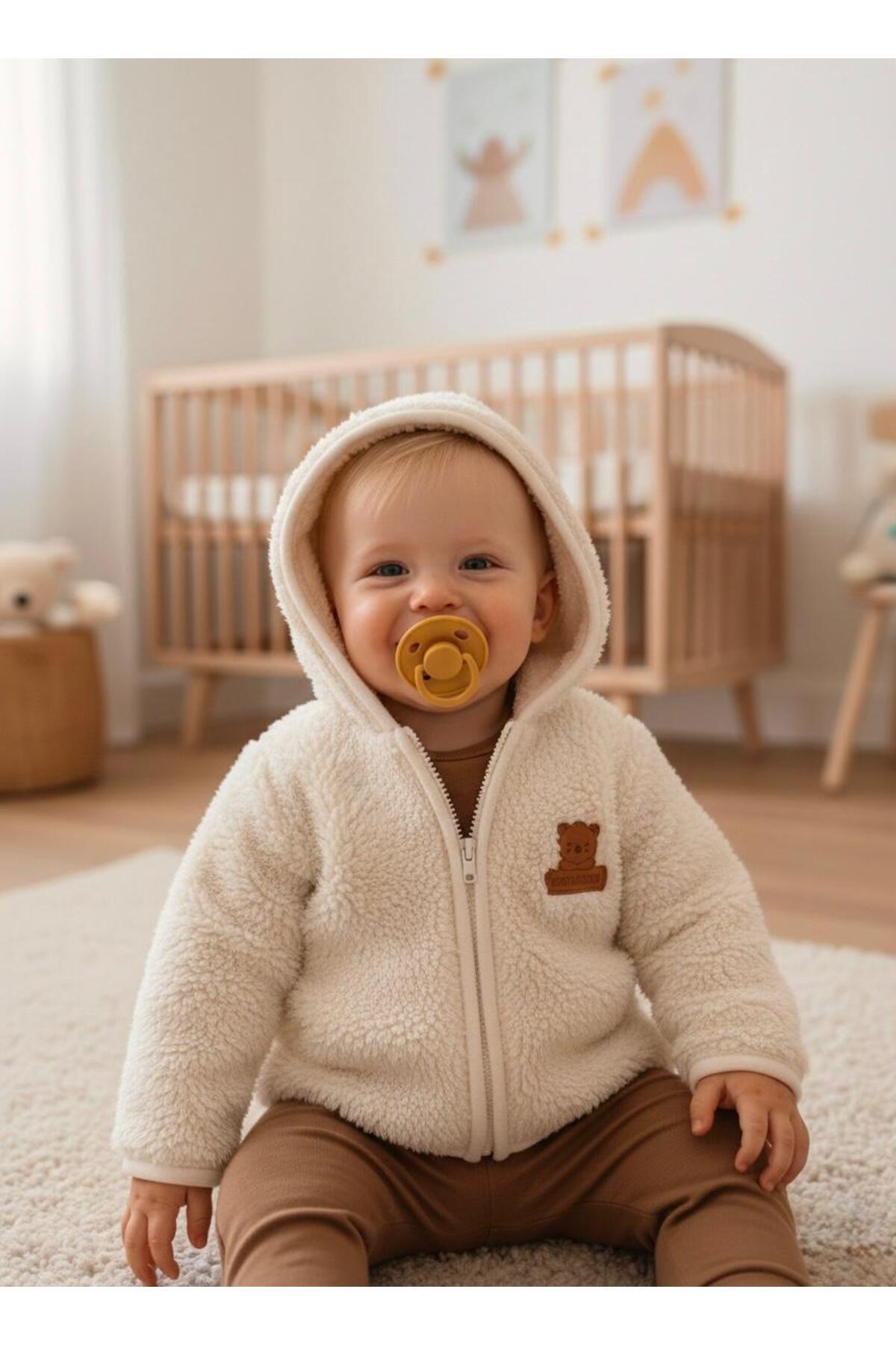 Lumos Trade Bebek Welsoft Peluş Kapüşonlu Hırka Krem Bej – Fermuarlı Yumuşak Kışlık Bebek Ceket 6-24 Ay fotoğrafı 3 (önizleme)